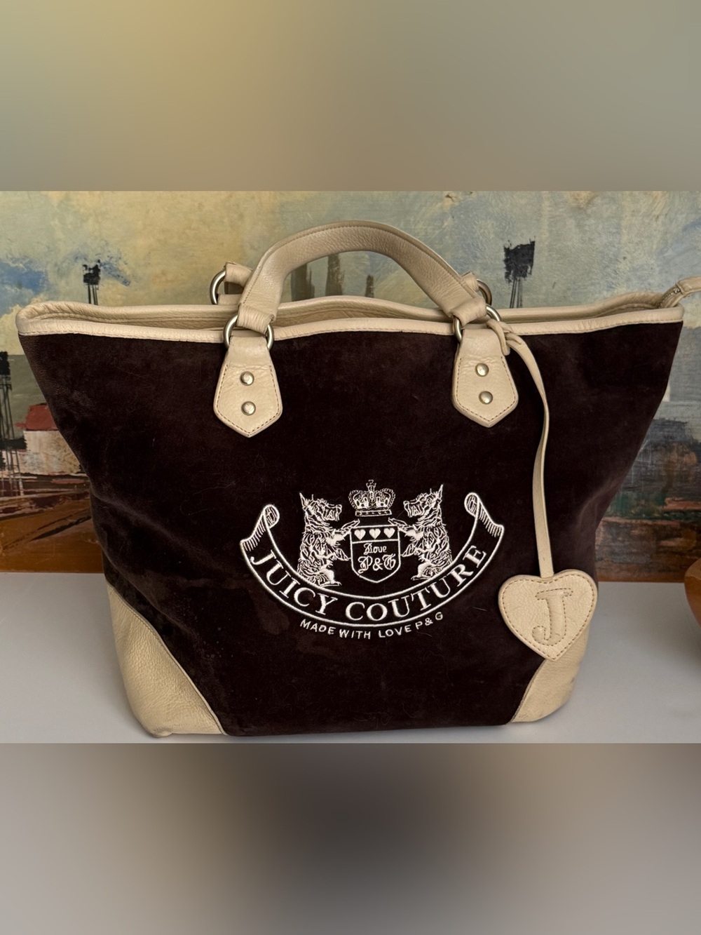 Y2K Juicy Couture Love P&G Brown Velour/Leather Scottie Dog Crest Tote w/Mirror